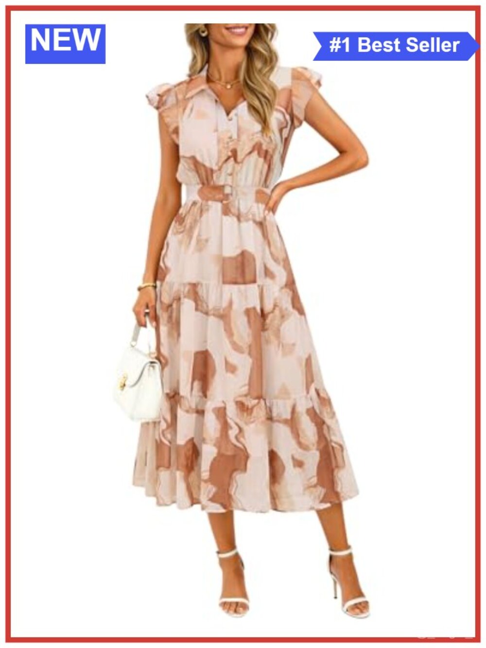 Floral Midi Dress Chiffon A-Line Button Front Ruffled Sleeve Semi-Formal